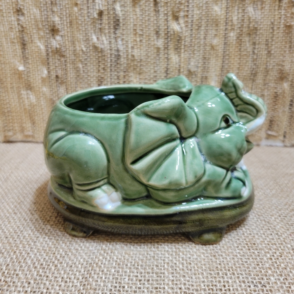 Lucky Footed Vintage Ceramic Green Elephant Planter